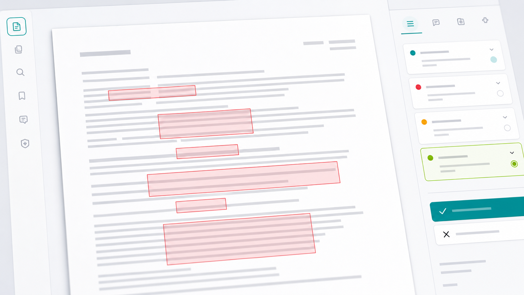 AI-assisted document review showing suggested document regions and reviewer disposition controls.